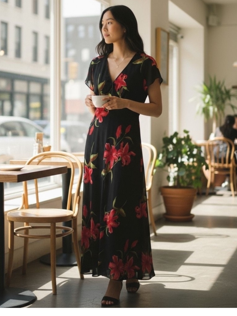 Dressbarn Vintage Black Red Floral Maxi Dress Women‎ 10 Dark Romantic Y2K Fairy